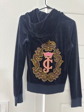 Juicy Couture Black Velvet Hooded Jacket with Pink & Gold Embellished Crest